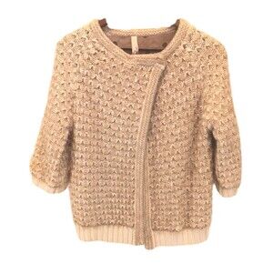 Mystree Scalloped Knit Asymmetrical Snap Cardigan Polka Dot Lined Beige L